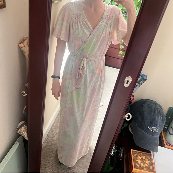 Vintage 70s 1970s night slip gown and matching robe set rare medium peacock - Picture 2 of 13